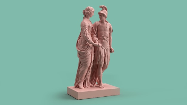 3d render sculptuur van een man en een vrouw in volle groei liefdesrelatie roze groen pastelkleuren