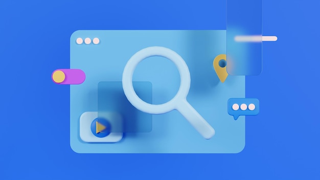 3d render of search interface with magnifier glassmorphism and icons