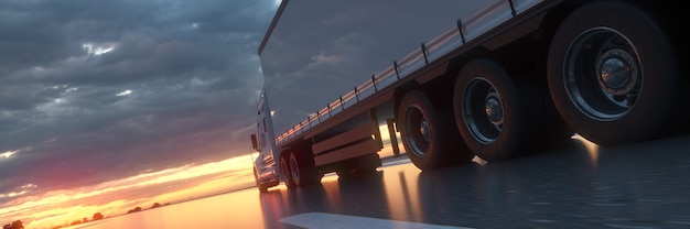 Photo 3d render semi truck driving to the sunset background banner