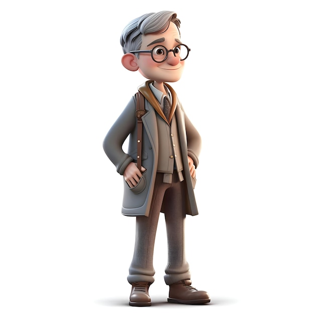 3D Render of a senior man with trench coat and eyeglasses