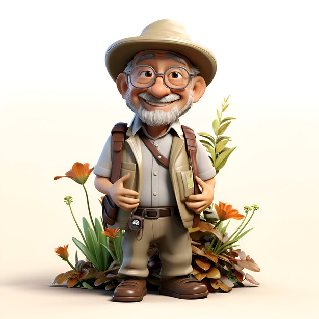 3D Render of a senior safari man with a backpack and flowers