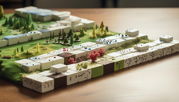 Photo a 3d render of a series of dominoes each with an environmental element