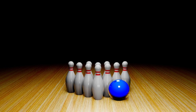 3d render of a set of bowling skittles and ball