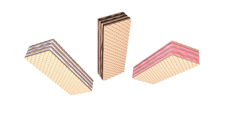 Photo 3d render set crispy wafer chocolate strawberry and vanilla are realistic be tasty and bea