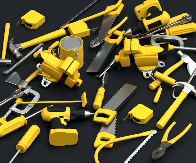 3D render set gele tools achtergrond
