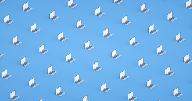 Photo 3d render. set of many open computers laptop on light blue background. isometric view