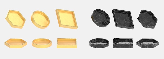3d render set van abstracte geometrische vormen goud metaal en zwart marmer steen grenzen geïsoleerd op de achtergrond Realistische cirkel vierkant en zeshoek podium toont boven en zijweergave 3D illustratie