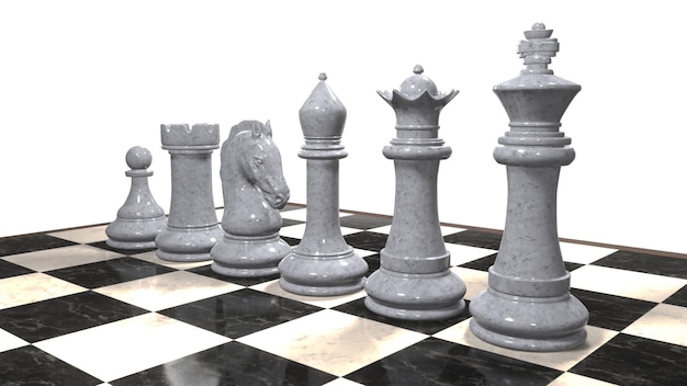 3d render of a set of white chess pieces on a marble board White background
