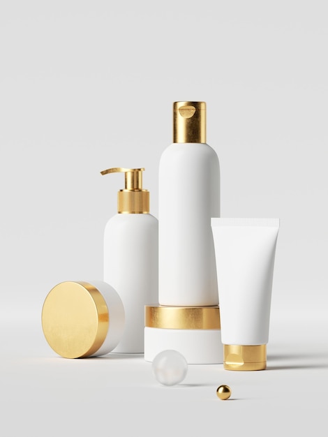 3d render set of white cosmetic bottles with golden caps over white background