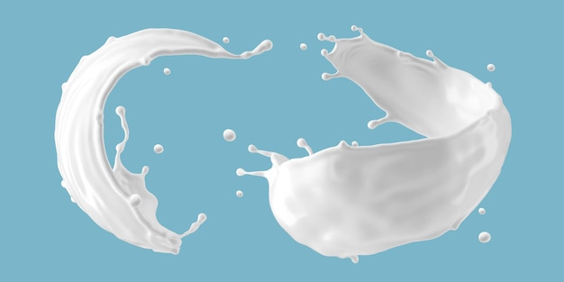 Photo 3d render set of white twisted splashes splashing milk design elements