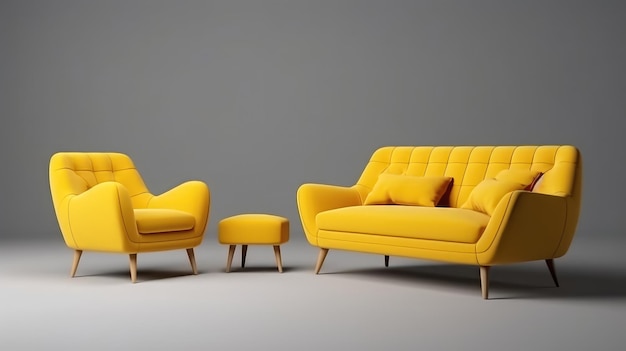 3D render Set of yellow armchair and sofa isolated for living room Modern furniture Generative Ai Technology