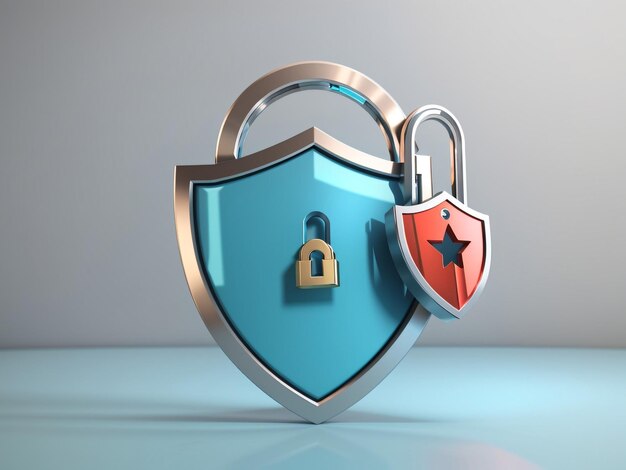 3D Render Shield with Padlock and Tick Sign Confidence and Security Concept