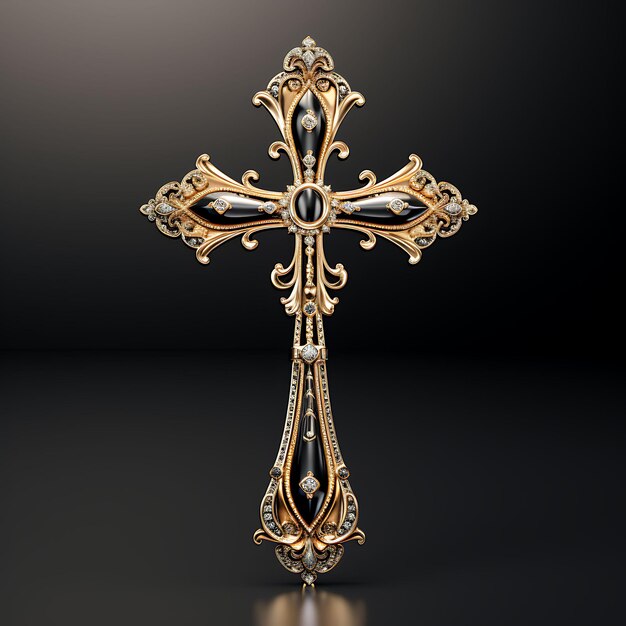 3D Render of Shimmering Gold Cross With Black Rhodium Plated Details and Good Friday Easter Palm