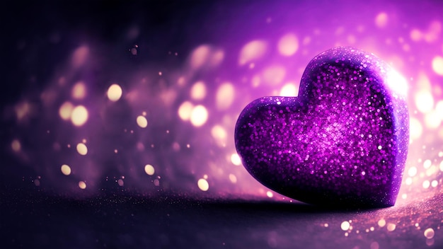 3D Render of Shiny Purple Glittery Heart Shape On Bokeh Lighting Background Love Concept