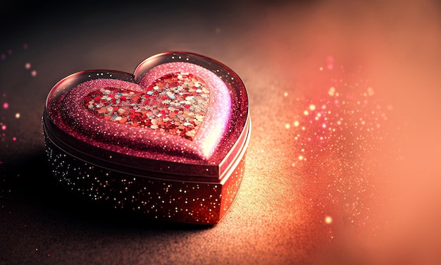 3D Render Shiny Red Glittery Heart Shape Metal Box On Sparkle Lights Background Концепция Дня Святого Валентина