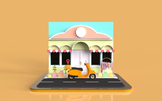 3d render Shipment delivery by motorcycle and store background delivery transportation concept