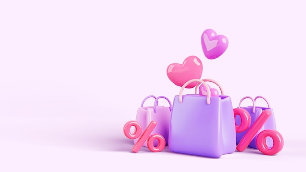 プレゼントパッケージ付きのオンラインショッピングのためのファッションバナー 赤いハートの風船 パーセントまたはボーナス バレンタインデー ピンクのデザインショッピングプロモ