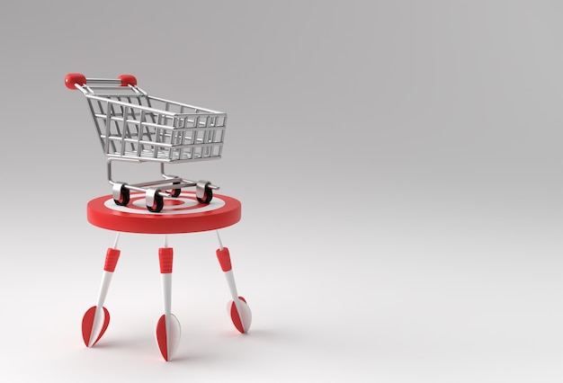 Foto 3d render shopping cart bulls eye aumentare l'obiettivo di vendita con la freccia 3d design.