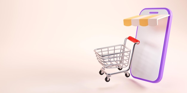3D render of Shopping cart and smartphone store online business symbol on pastel background