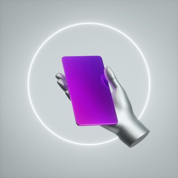 3d render silver hand holds purple metallic smart phone