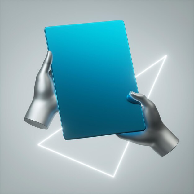 3d render silver hands hold blue metallic digital pad