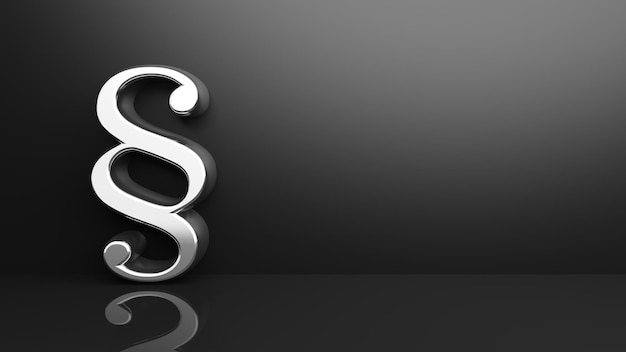 3D render of a silver paragraph symbol on dark background and reflection