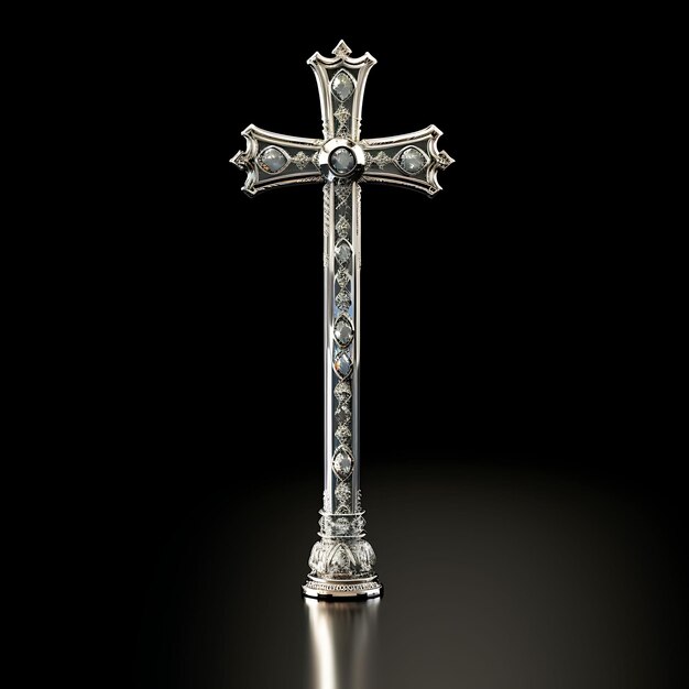 ダイヤモンドがちりばめられたエッジと聖金曜日のイースター パームを反映した銀メッキの十字架の 3 D レンダリング
