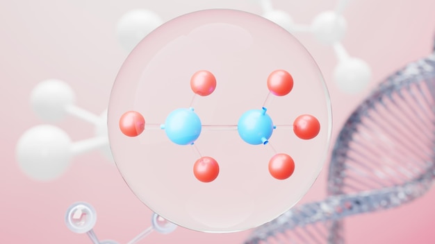 3d render of simple chemical bond in side cell or molecules The associated of atoms ions bond and molecules Liquid drop bubble background Covalent bond Biochemical interaction