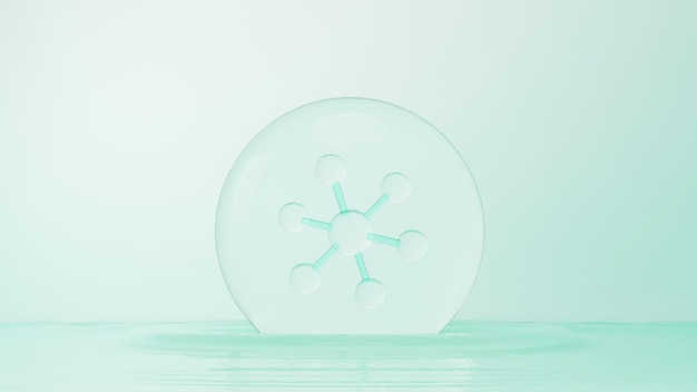 3d render of simple chemical bond in side cell or molecules the\
associated of atoms ions bond and molecules liquid drop bubble\
background covalent bond biochemical interaction