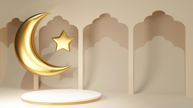 写真 3 d レンダリング広告バナー トルコの金色の三日月と星の単純な表彰台アラビア装飾