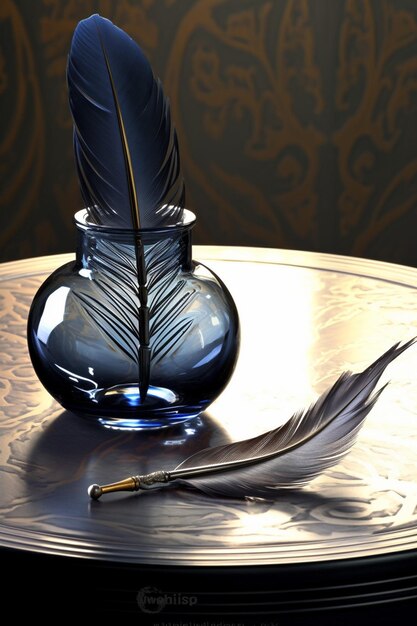 a 3D render of a single elegant feather quill and an inkpot