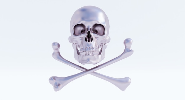 3D визуализация черепа и скрещенных костей, изолированных на белом фоне.