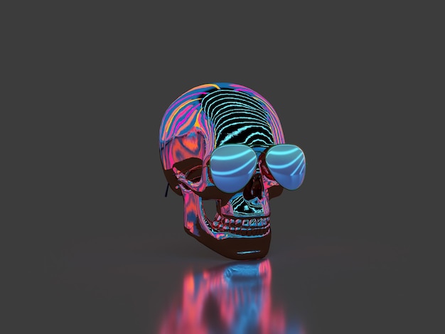 3d render skull neon light glass black bakground