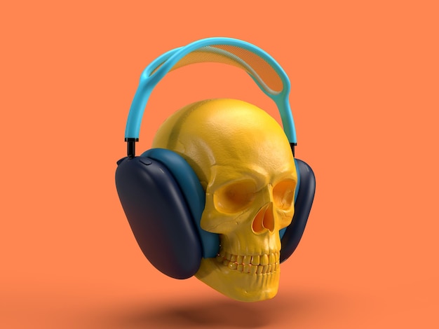 Rendering 3d cranio che indossa le cuffie su uno sfondo arancione in colori vivaci ascoltando musica