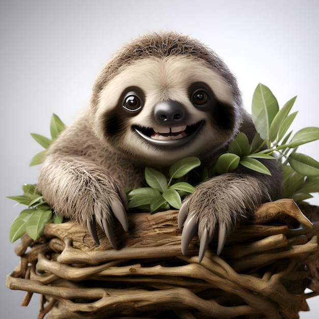 3D Render of a Sloth in a Basket with Leaves