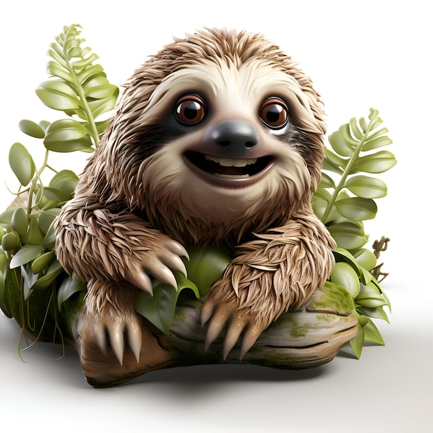 3D Render of a Sloth with Green Leaves Isolated on White Background