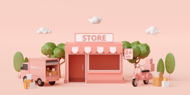 Photo 3d 渲染小便利店与树木在浅粉红色背景上