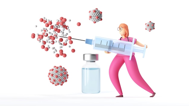사진 3d 렌더링 스마트 닥터 만화 캐릭터는 백신으로 바이러스와 싸니다.