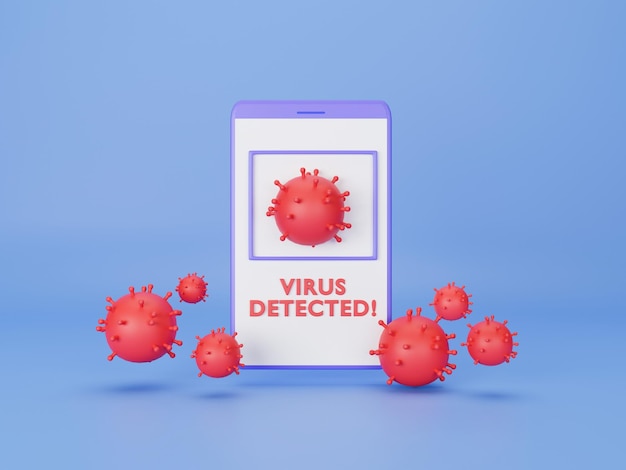 Foto 3d render smartphone aangevallen door rood virus op blauwe achtergrond