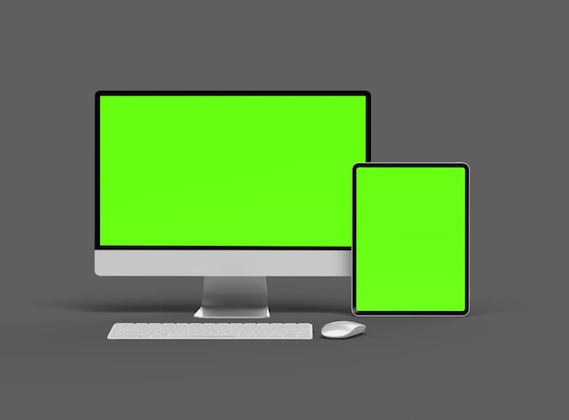 スマートフォン・タブレット・デスクトップの3Dレンダリング - 暗い背景の緑色の画面