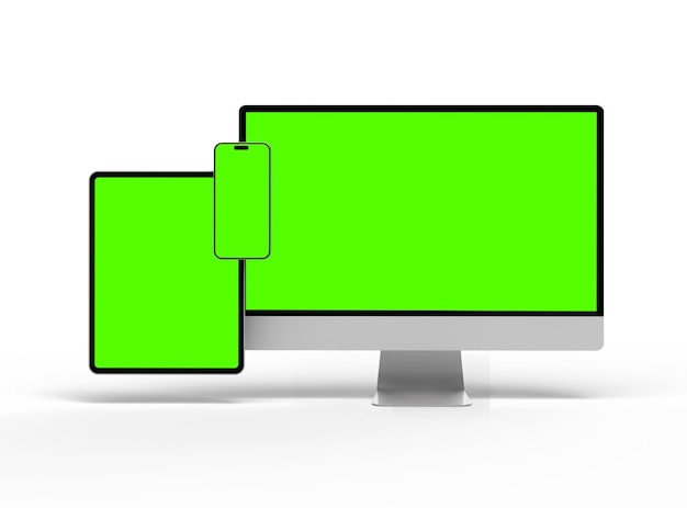 Rendering 3D del desktop di un smartphone o tablet con schermi verdi su uno sfondo chiaro