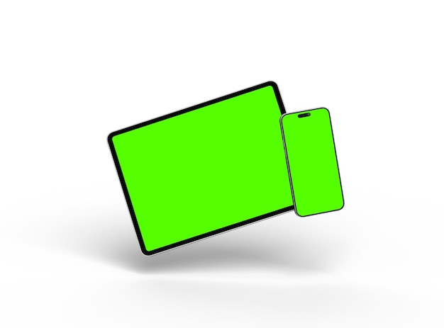 スマートフォンとタブレットの3Dレンダリング - 浅い背景の緑色の画面