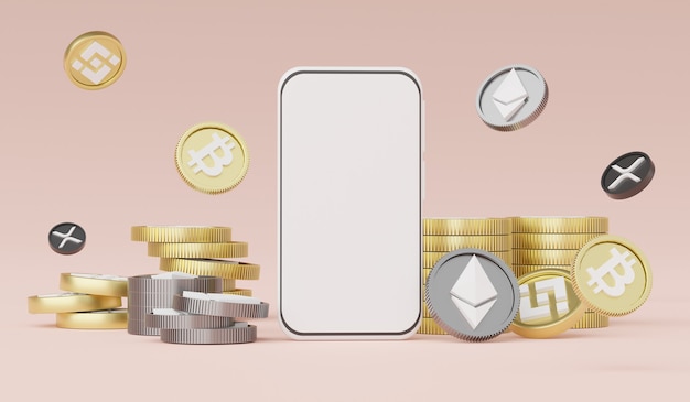 3d render smartphone voor werk met cryptocurrency bitcoin ethereum binance en ripple coins