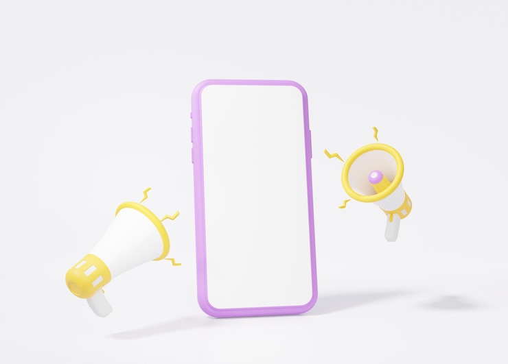Photo 3d render smartphone white screen two megaphone minimal cartoon style social media communication concept on white background loudspeaker copy space illustration