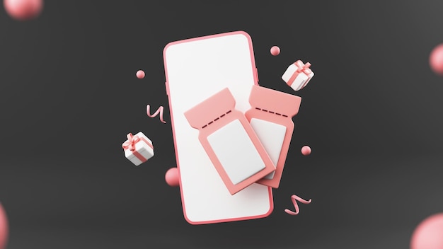 3d render of smartphone with gift cards gift boxes balls\
confetti on black background