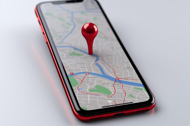 Photo 3d render smartphone with red map icon screen blank