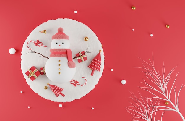 飾られたクリスマスの日に雪だるまの3Dレンダリング