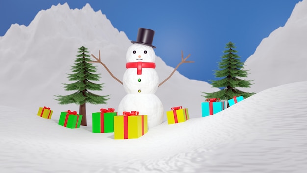 Foto rendering 3d pupazzo di neve e albero di natale