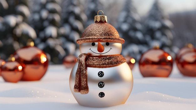 3d render of snowman in winter forest with snowflakes