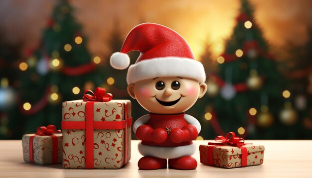 Photo 3d render of a snowman with a red hat and a red gift